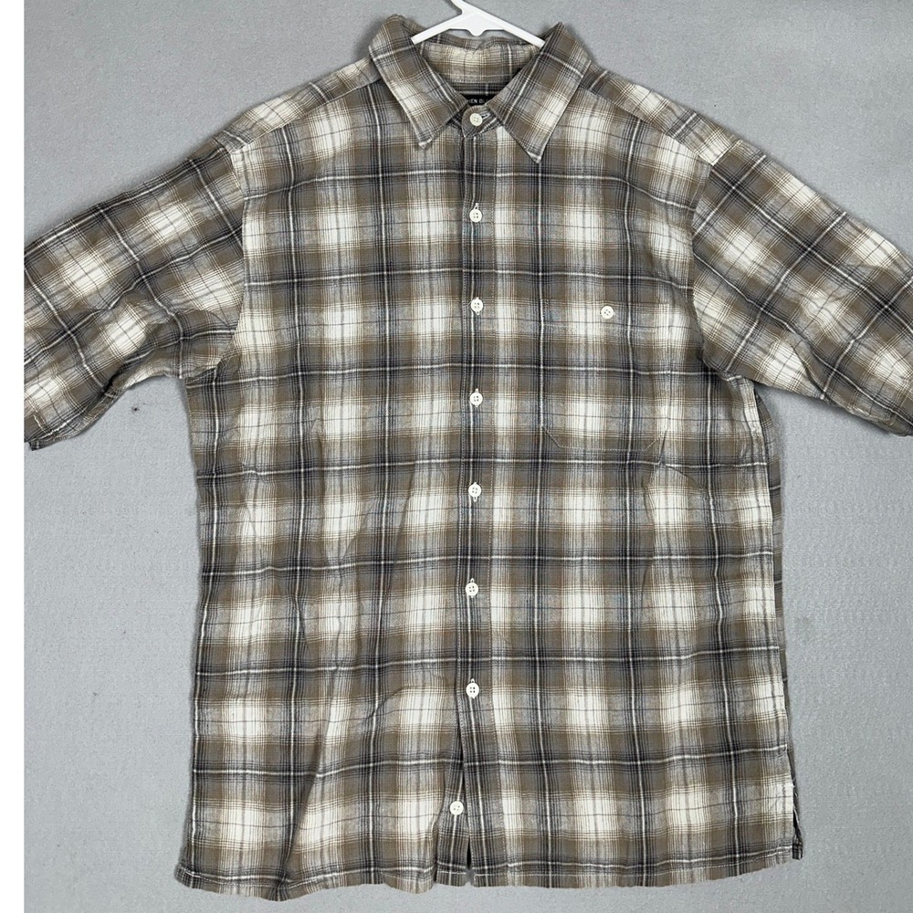 George Shirt Mens Medium 38-40 Driftwood Brown Plaid Linen Blend Button Up EUC